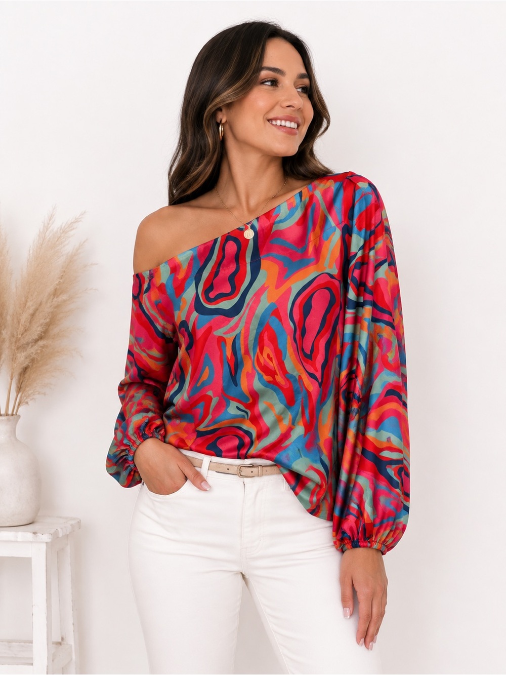 Women’s Colorful Abstract Print Off-Shoulder Blouse Balloon Sleeve Top